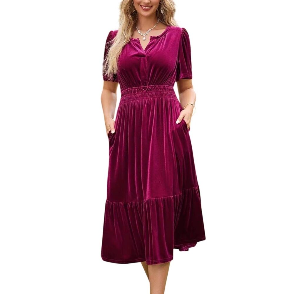 Dokotoo Burgundy Velvet Midi Dress Women’s L V Neck Ruffle Tier Pockets NWT - Picture 2 of 10